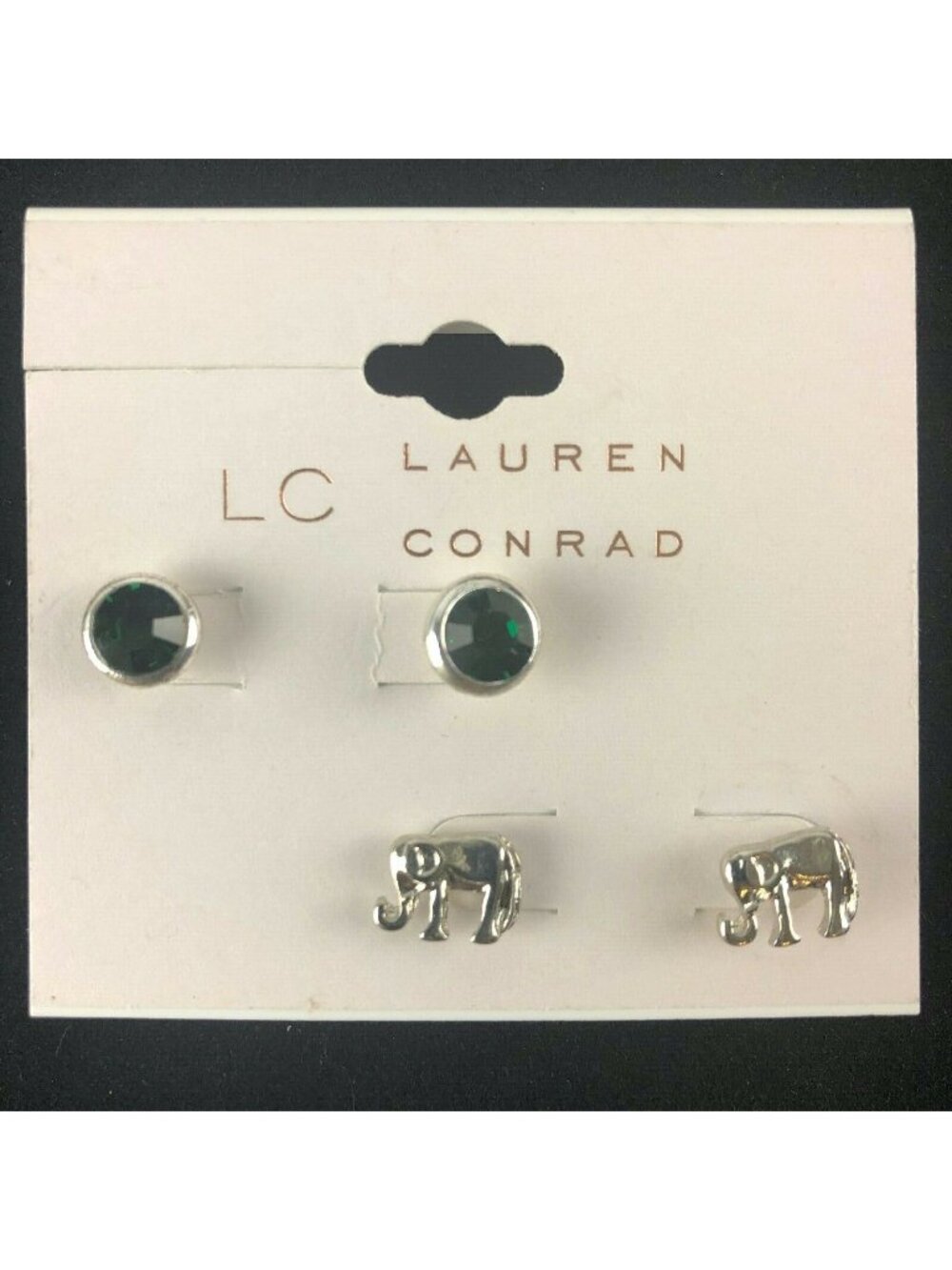 LC Lauren Conrad 2 Pairs Earrings 3/8" Silver-Tone Green Rhinestones & Elephants
